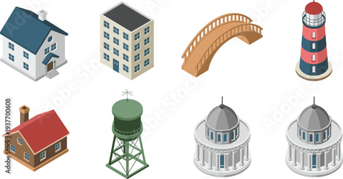Isometric architecture buildings set with house, apartment, bridge, lighthouse, water tower and civic domed structures, urban infrastructure illustration collection isolated on white