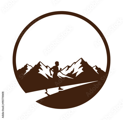 man running on mountain trail in circular silhouette logo design