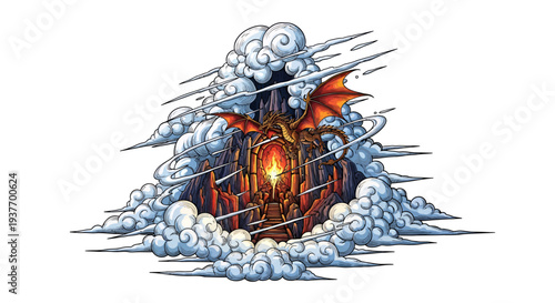 Mythical dragon guarding fiery cave entrance with swirling stormy clouds