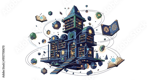 Whimsical library with floating books and crystals