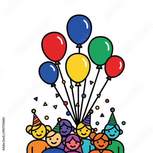 Diverse group of happy cartoon children celebrating with colorful balloons