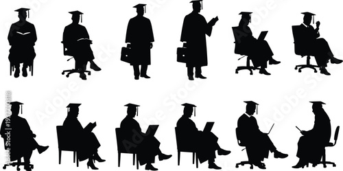 Large Silhouette Collection Featuring Graduation Students In Gowns And Caps Sitting With Laptops And Books Mixed With Farmers Gardening Workers And Sheep Farm Animals