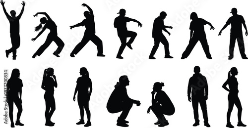 Large set of black children silhouettes playing soccer with balls running jumping reading books and standing together isolated on white background for designs.