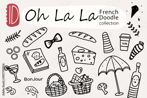 Charming french doodles pastries wine and picnic items illustrated