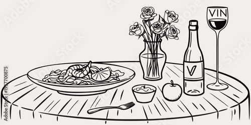 A romantic dinner setting featuring roses wine and a seafood pasta dish