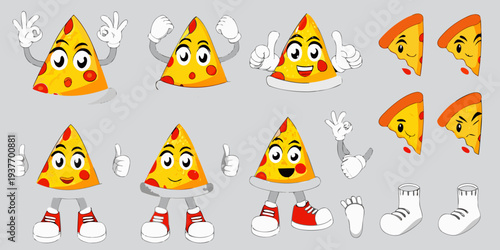 Cartoon pizza slices with faces and hands displaying various gestures