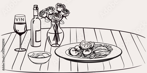 Still life illustration of wine roses pasta and fruit on a table