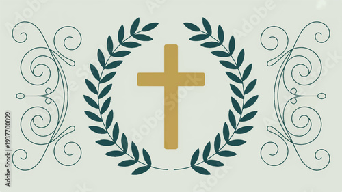 Gold cross symbol surrounded by laurel wreath and decorative scrolls on light green background