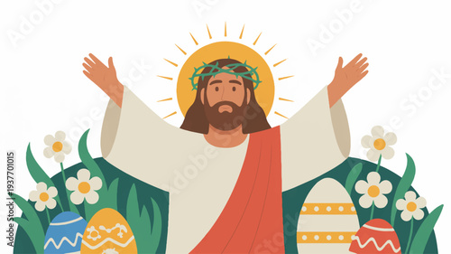 Jesus christ with outstretched arms surrounded by easter eggs and flowers symbolizing resurrection and new life