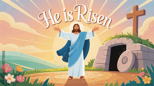 Jesus christ standing triumphantly outside an empty tomb on easter morning with a radiant sunburst background