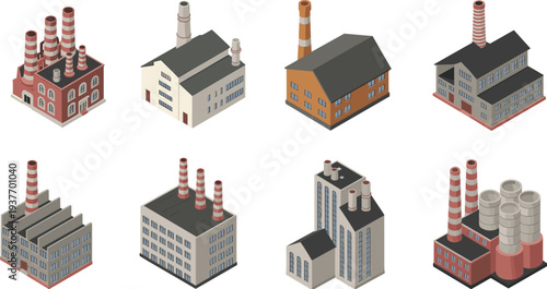 Isometric industrial factory buildings set with chimneys, manufacturing plants and power stations, modern industry facility architecture illustration collection isolated on white background
