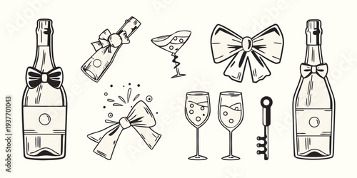 Celebratory champagne set bottles glasses bows and corkscrews in line art