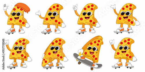 Animated pizza slices with faces skateboarding and roller skating cheerfully