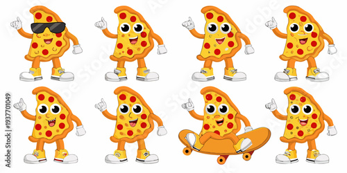 Cartoon pizza slices with faces displaying various playful poses and expressions
