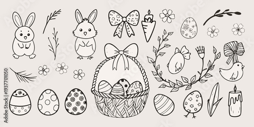 A collection of hand drawn easter elements including bunnies eggs and flowers