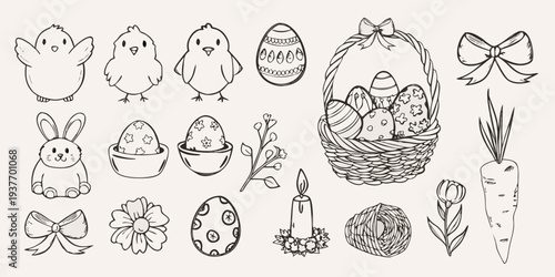 Charming easter doodles featuring chicks bunnies eggs and floral elements