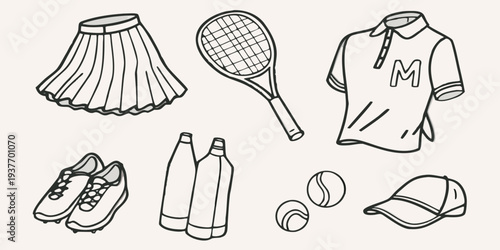 Line art illustration of tennis equipment and athletic apparel