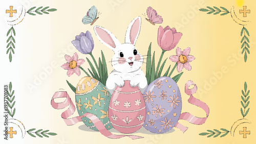 Easter bunny with colorful eggs and tulips on yellow background springtime celebration