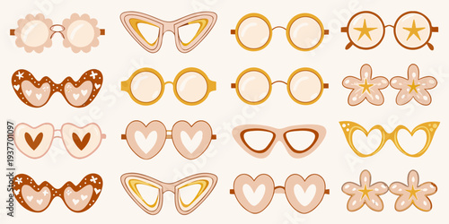 Collection of trendy illustrated sunglasses in varying styles and shades