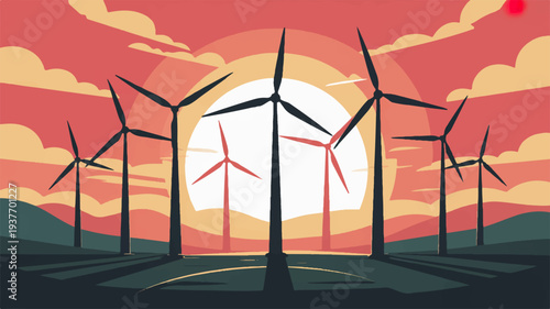 Wind turbines generating renewable energy at sunset with vibrant orange and yellow sky background