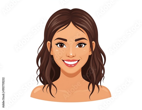 Smiling, brown-haired, brown-eyed woman portrait. Cartoon, illustration. Clean aesthetic, white background. Shoulders shown