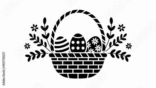 Easter basket with decorated eggs and flowers spring holiday symbol black and white illustration