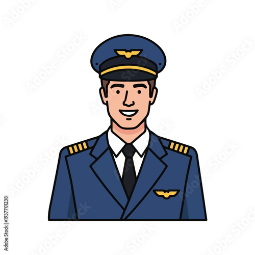 Smiling pilot in blue uniform with gold accents on hat and jacket
