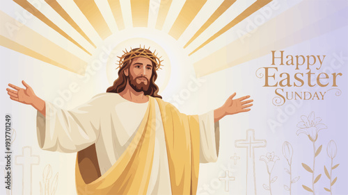 Jesus christ with outstretched arms and golden halo happy easter sunday greeting card with radiant sunburst background