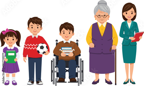 Multigenerational family characters including children, boy with soccer ball, disabled child in wheelchair, grandmother with cane and businesswoman cartoon illustration