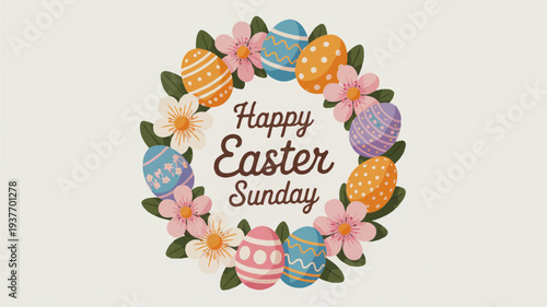 Colorful easter sunday greeting with floral wreath and decorated eggs on white background