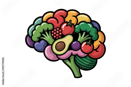 A colorful brain made of various fruits and vegetables illustration