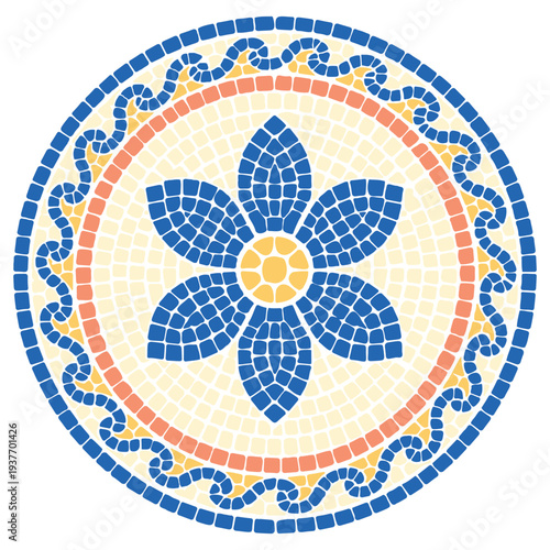 Classic rosette mosaic design, Floral Mosaic Mandala Clipart, Round Mexican Tile vector, Flower Mandala Mosaic Pattern
