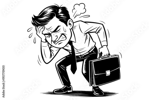 A stressed businessman holding a briefcase in a cartoon illustration style