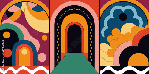 Set of vintage boho hippie styled posters with surreal abstract arch doorways and architecture for wall art decoration print or cards or music album covers. Vector