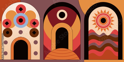 Set of vintage boho hippie styled posters with surreal abstract arch doorways and architecture for wall art decoration print or cards or music album covers. Vector