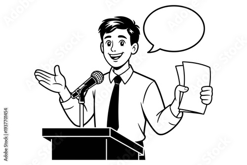 A businessman giving a speech from a podium with a microphone and papers