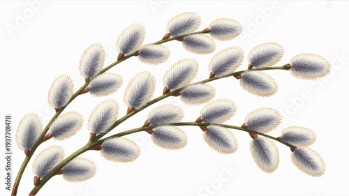 Pussy willow branch with soft gray catkin flowers on white background gentle spring floral illustration