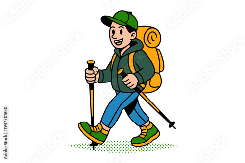 Hiker cartoon character walking with trekking poles and backpack