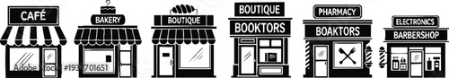 Local Business Shopfront Silhouette Set: Café, Bakery, Boutique, and Pharmacy Icons