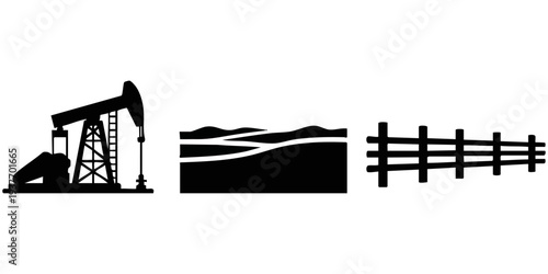 Industrial Oil Pump Jack, Rural Landscape, and Wooden Fence Silhouette Vector Set