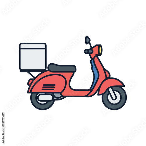 Red scooter with delivery box on back for food or package transport