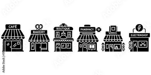 Local Business Shopfront Silhouette Set: Café, Bakery, Boutique, and Pharmacy Icons