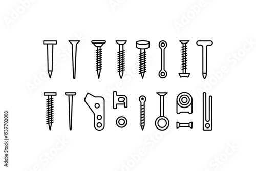 Nail icon set including various screws and fasteners in black outline