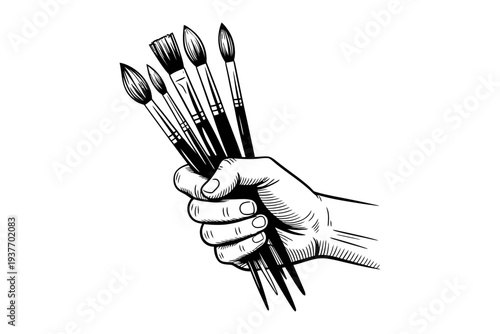 A hand holding a set of paintbrushes in a black and white illustration