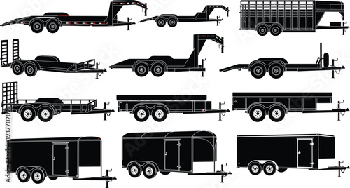 Utility trailer collection silhouette set including flatbed, car hauler, livestock and enclosed cargo trailers isolated for transport, logistics, hauling and commercial transportation design