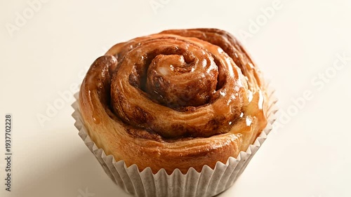 Delicious gooey cinnamon roll with icing on a light background
