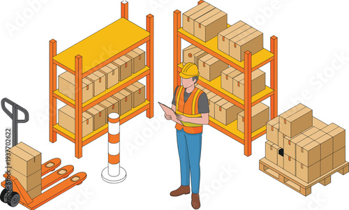Warehouse worker checking inventory with clipboard near storage shelves, pallet jack and stacked boxes, isometric logistics and supply chain management illustration