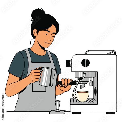 Woman in apron preparing coffee with espresso machine at counter