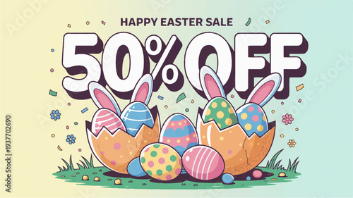 Easter sale banner with colorful eggs and bunnies on yellow and blue background offering 50 percent discount