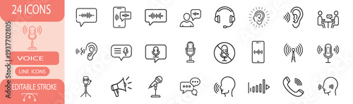 Voice and audio line icon set with microphone speech bubble, sound wave signal, headset call center, human ear hearing, phone communication more vector illustration or editable stroke.